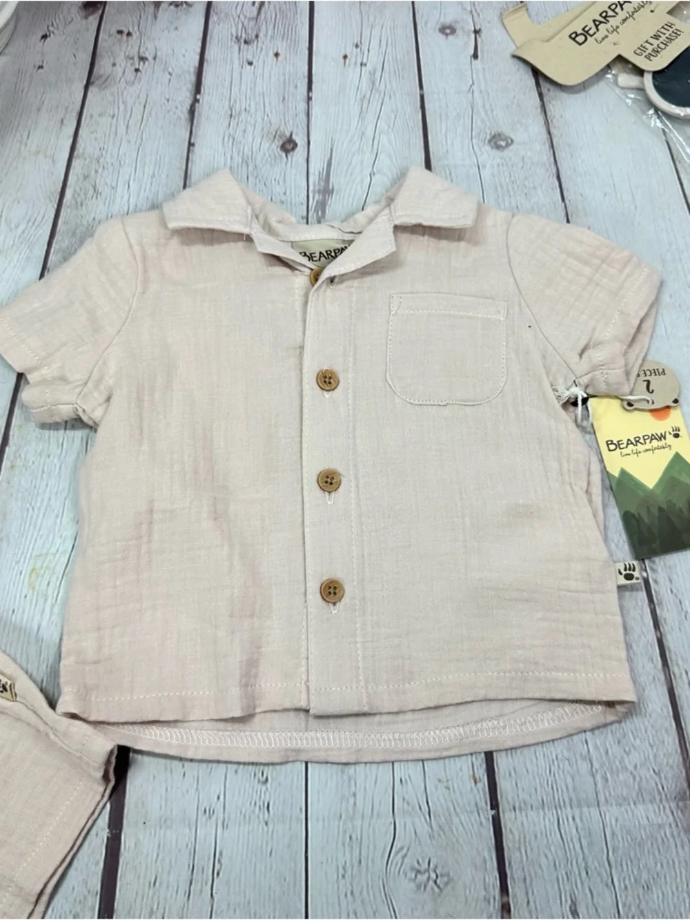 NWT BearPaw Beige 3pc short Set infant 3-6M neutral summer beach travel